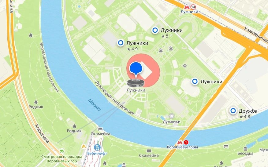 Карта, с указанием месторасположения "Лужники"